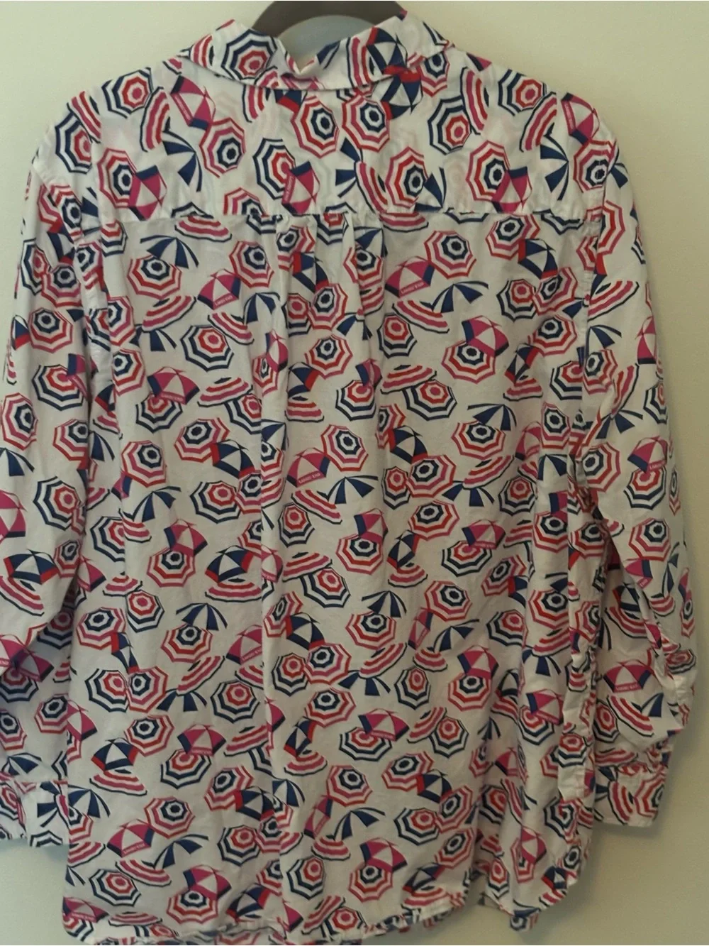 Lands' End Women's Button-Up Shirt in White with Red and Navy Geometric Print